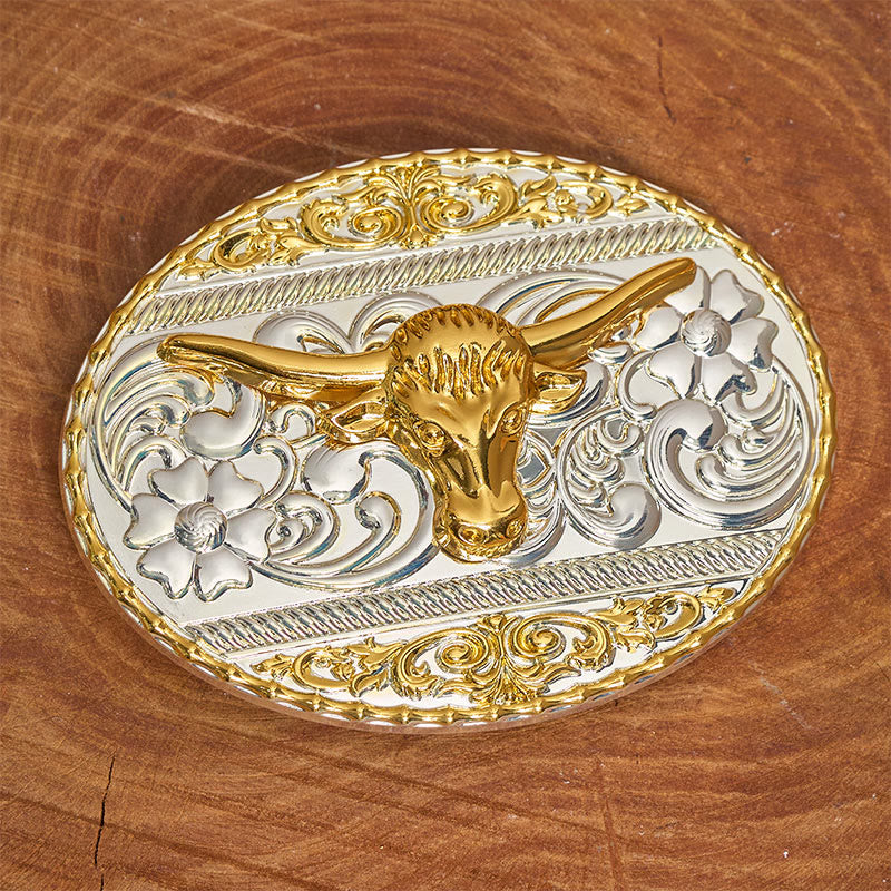 Men's Golden Bull Head Exquisite Carving Elliptical Buckle Leather Belt - image 1
