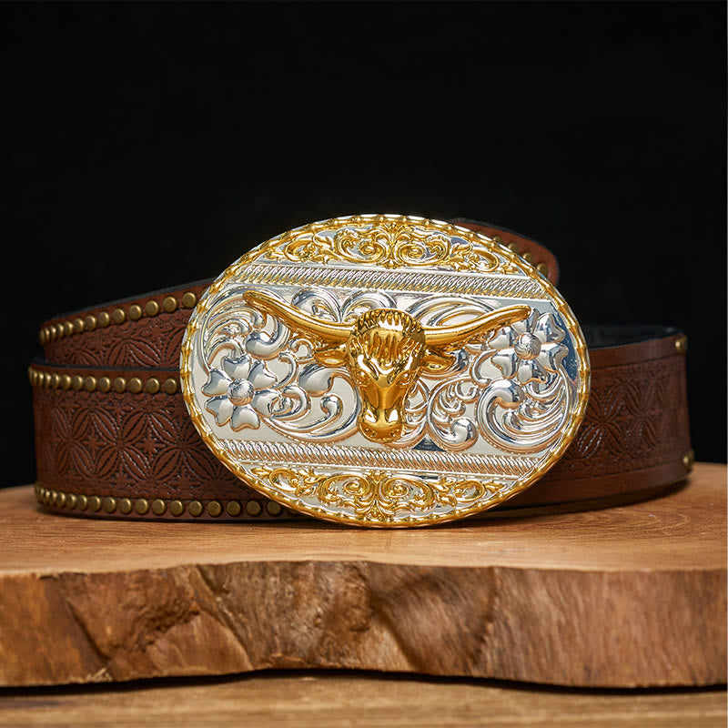 Men's Golden Bull Head Exquisite Carving Elliptical Buckle Leather Belt - Brown Rivet Belt - 42 - image 4