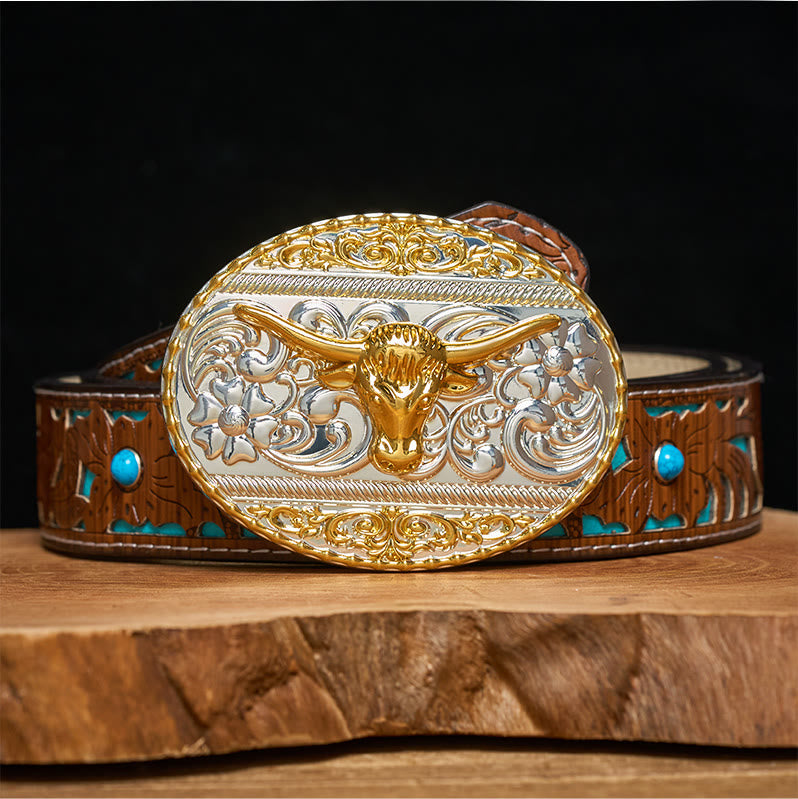 Men's Golden Bull Head Exquisite Carving Elliptical Buckle Leather Belt - Turquoise Carved Belt - 42 - image 3