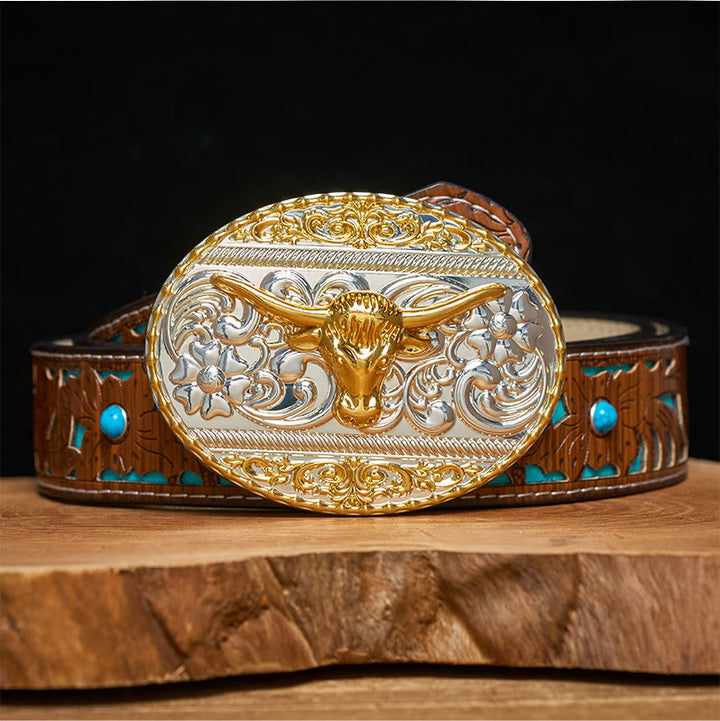 Men's Golden Bull Head Exquisite Carving Elliptical Buckle Leather Belt - Turquoise Carved Belt - 42 - image 3