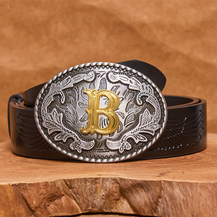 Men's Vintage Silver Oval Carved Golden Letter Buckle Leather Belt - B - Black PU Leather Belt (40) - image 6
