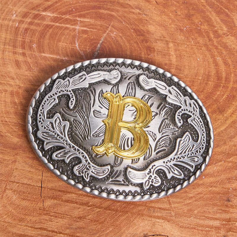 Men's Vintage Silver Oval Carved Golden Letter Buckle Leather Belt - image 5