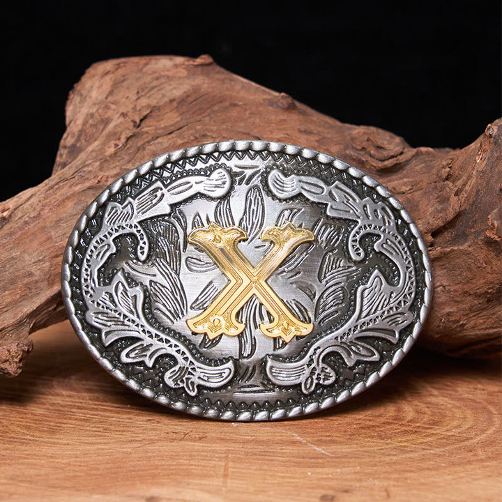 Men's Vintage Silver Oval Carved Golden Letter Buckle Leather Belt - X - Without Belt - image 0