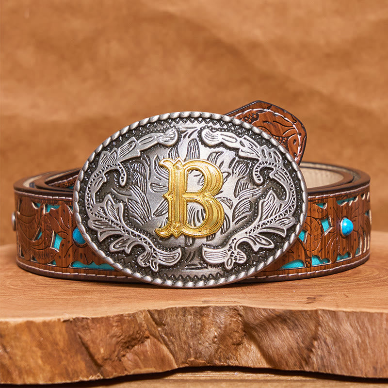 Men's Vintage Silver Oval Carved Golden Letter Buckle Leather Belt - B - Turquoise Carved Belt (40) - image 7