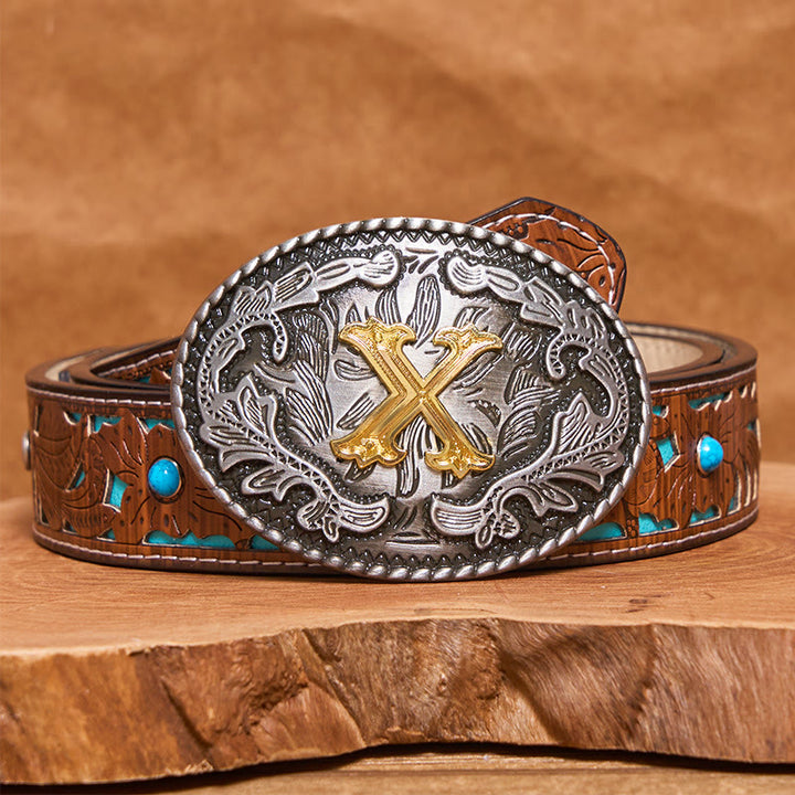 Men's Vintage Silver Oval Carved Golden Letter Buckle Leather Belt - X - Turquoise Carved Belt (40) - image 3