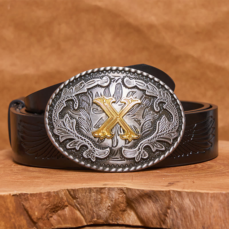 Men's Vintage Silver Oval Carved Golden Letter Buckle Leather Belt - X - Black PU Leather Belt (40) - image 2