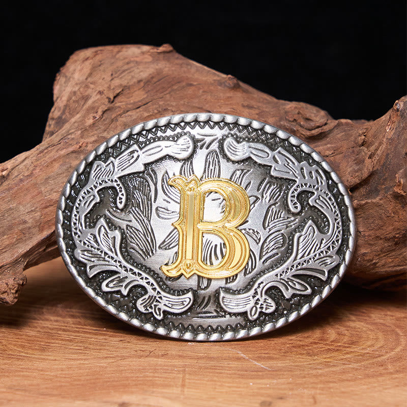 Men's Vintage Silver Oval Carved Golden Letter Buckle Leather Belt - B - Without Belt - image 4