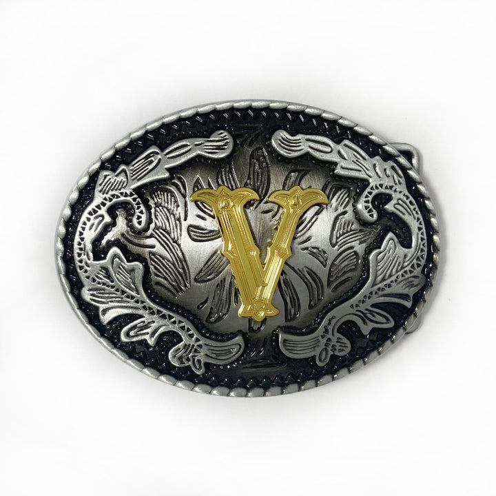 Men's Vintage Silver Oval Carved Golden Letter Buckle Leather Belt - V - Without Belt - image 30