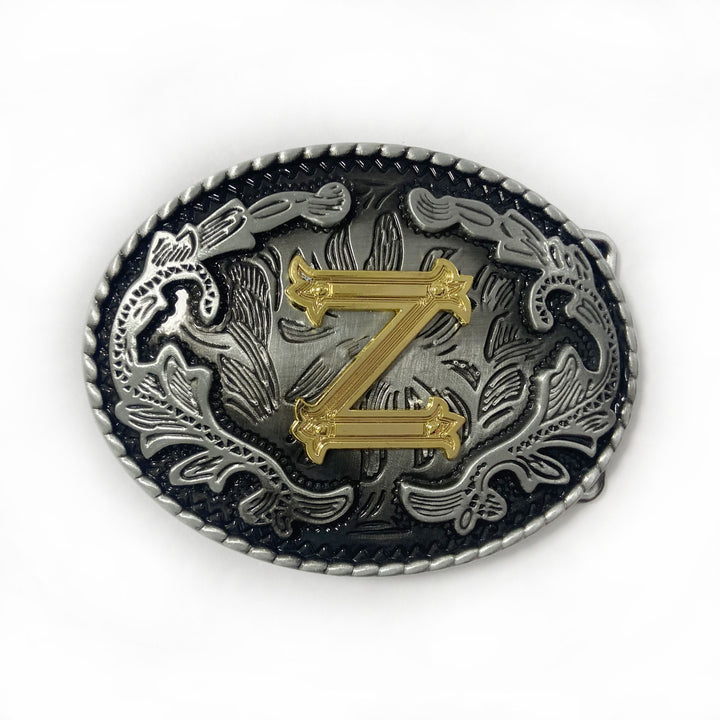 Men's Vintage Silver Oval Carved Golden Letter Buckle Leather Belt - Z - Without Belt - image 33