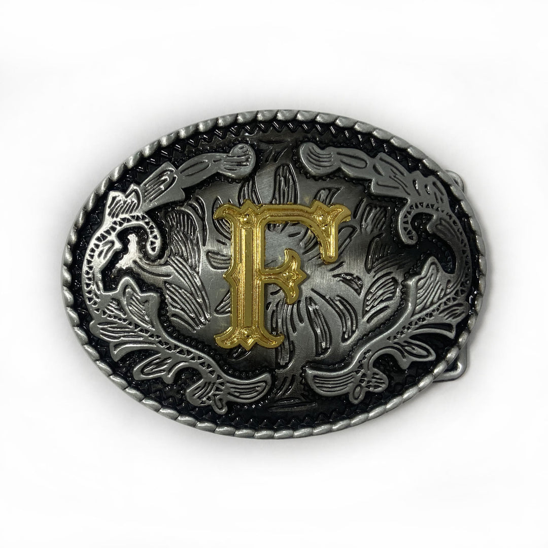 Men's Vintage Silver Oval Carved Golden Letter Buckle Leather Belt - F - Without Belt - image 14