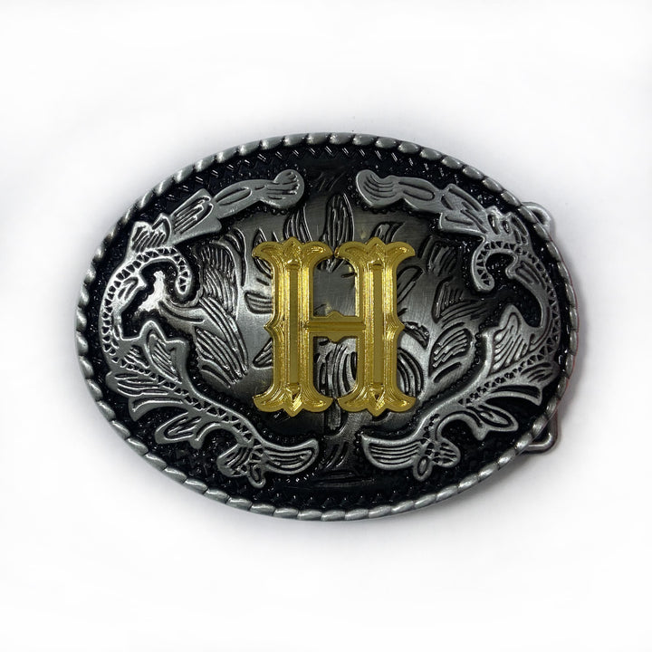 Men's Vintage Silver Oval Carved Golden Letter Buckle Leather Belt - H - Without Belt - image 16