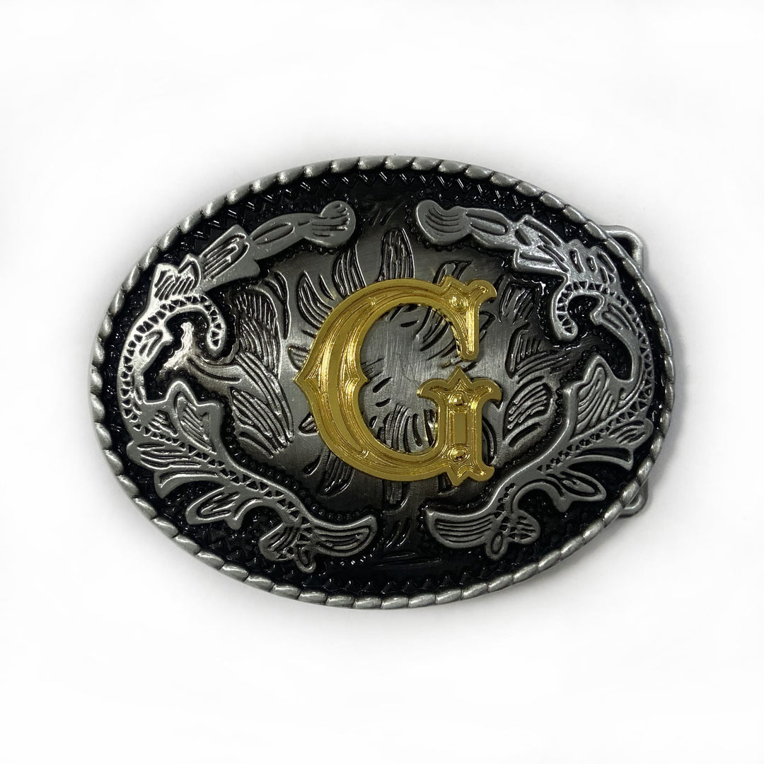 Men's Vintage Silver Oval Carved Golden Letter Buckle Leather Belt - G - Without Belt - image 15