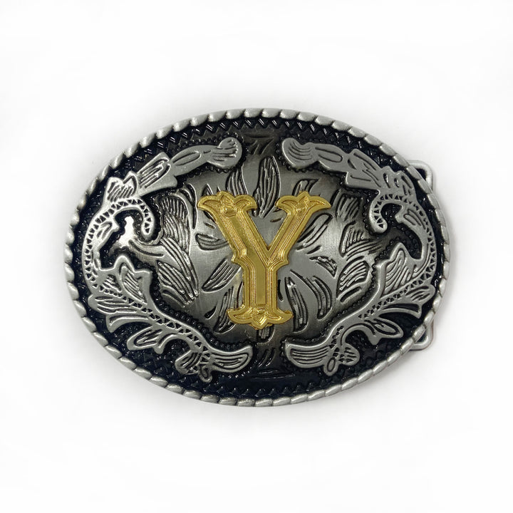 Men's Vintage Silver Oval Carved Golden Letter Buckle Leather Belt - Y - Without Belt - image 32