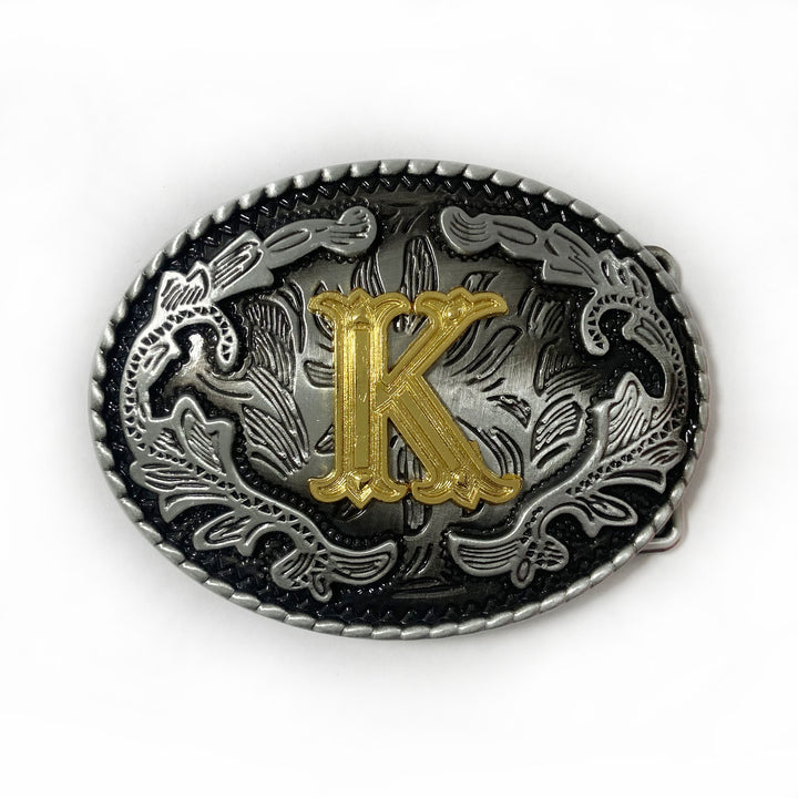 Men's Vintage Silver Oval Carved Golden Letter Buckle Leather Belt - K - Without Belt - image 19