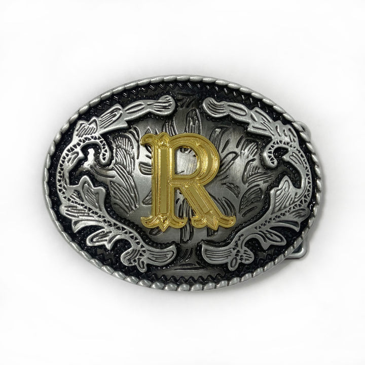 Men's Vintage Silver Oval Carved Golden Letter Buckle Leather Belt - R - Without Belt - image 26
