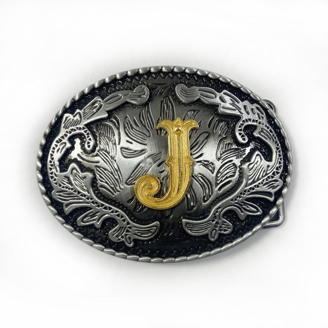 Men's Vintage Silver Oval Carved Golden Letter Buckle Leather Belt - J - Without Belt - image 18