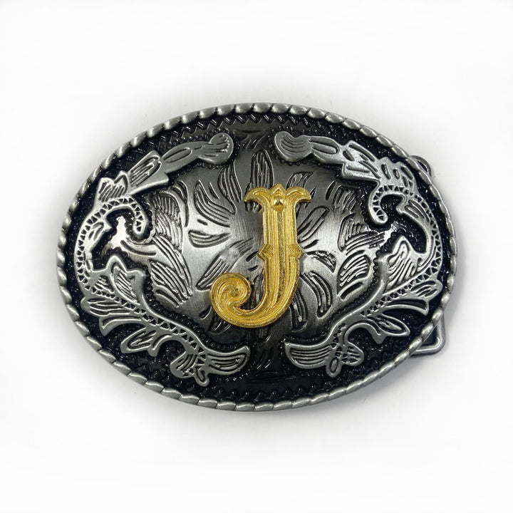 Men's Vintage Silver Oval Carved Golden Letter Buckle Leather Belt - J - Without Belt - image 18