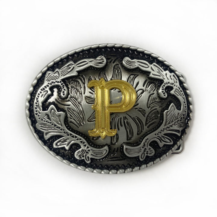 Men's Vintage Silver Oval Carved Golden Letter Buckle Leather Belt - P - Without Belt - image 24