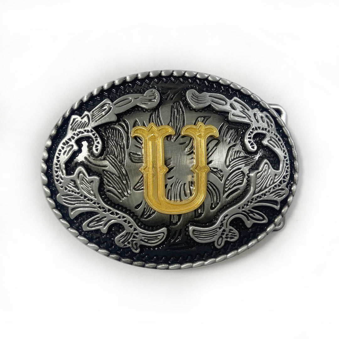 Men's Vintage Silver Oval Carved Golden Letter Buckle Leather Belt - U - Without Belt - image 29