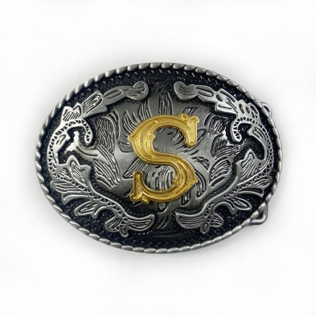 Men's Vintage Silver Oval Carved Golden Letter Buckle Leather Belt - S - Without Belt - image 27