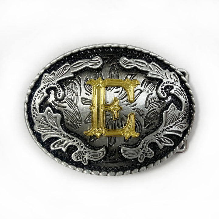 Men's Vintage Silver Oval Carved Golden Letter Buckle Leather Belt - E - Without Belt - image 13