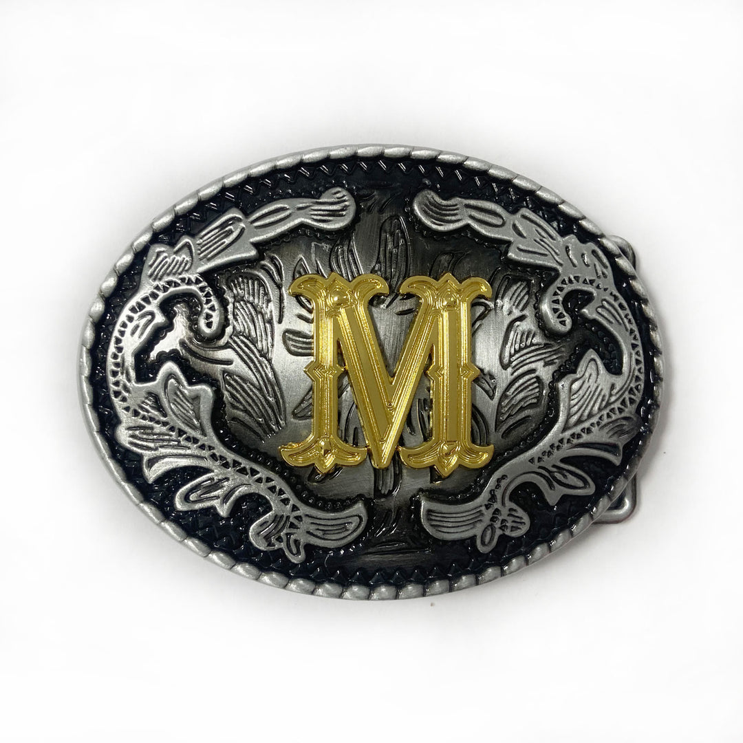 Men's Vintage Silver Oval Carved Golden Letter Buckle Leather Belt - M - Without Belt - image 21