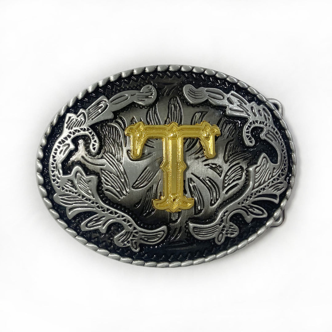 Men's Vintage Silver Oval Carved Golden Letter Buckle Leather Belt - T - Without Belt - image 28