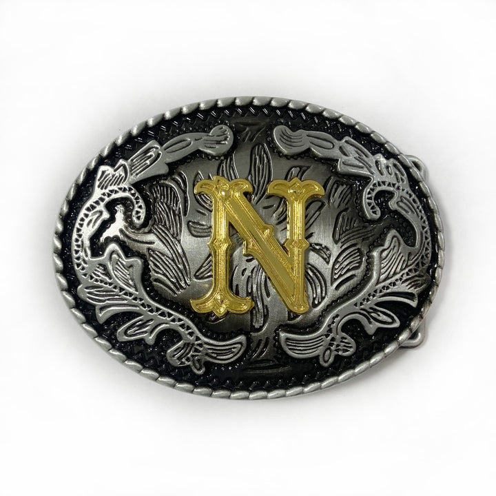 Men's Vintage Silver Oval Carved Golden Letter Buckle Leather Belt - N - Without Belt - image 22