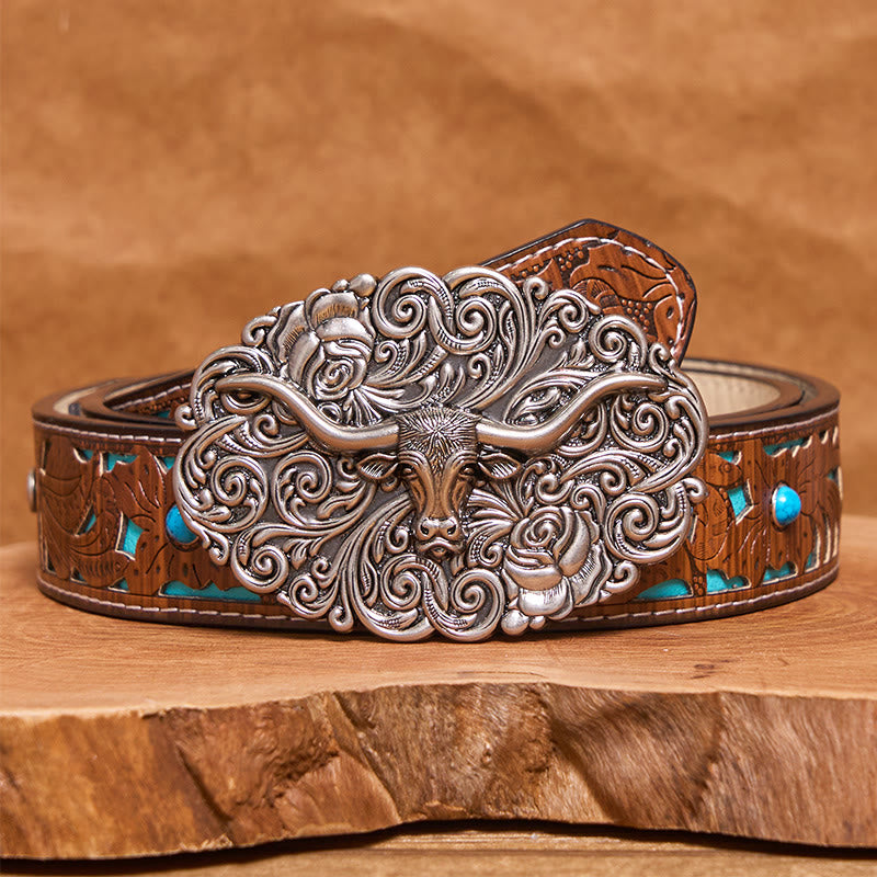 Men's Exquisite Floral Carved Bull Head Buckle Leather Belt - Silver - Turquoise Carved Belt - 42 - image 3