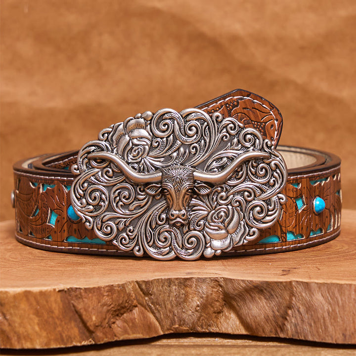 Men's Exquisite Floral Carved Bull Head Buckle Leather Belt - Silver - Turquoise Carved Belt - 42 - image 3