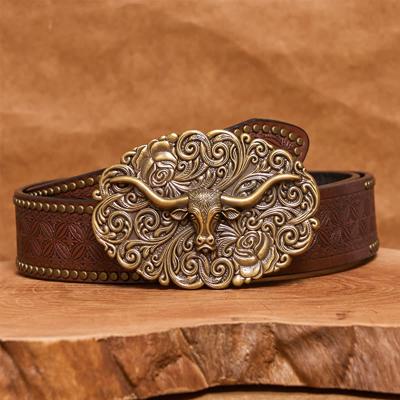 Men's Exquisite Floral Carved Bull Head Buckle Leather Belt - Bronze - Brown Rivet Belt - 42 - image 12