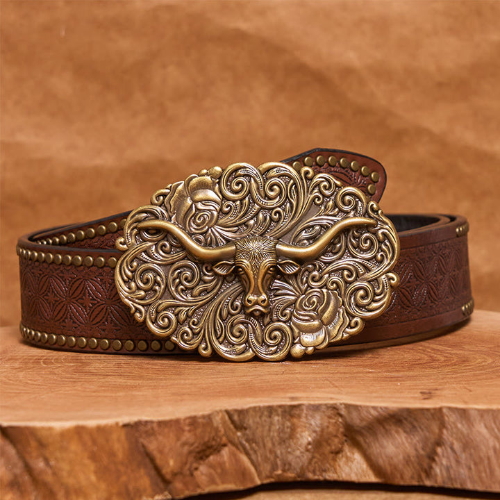 Men's Exquisite Floral Carved Bull Head Buckle Leather Belt - Bronze - Brown Rivet Belt - 42 - image 12