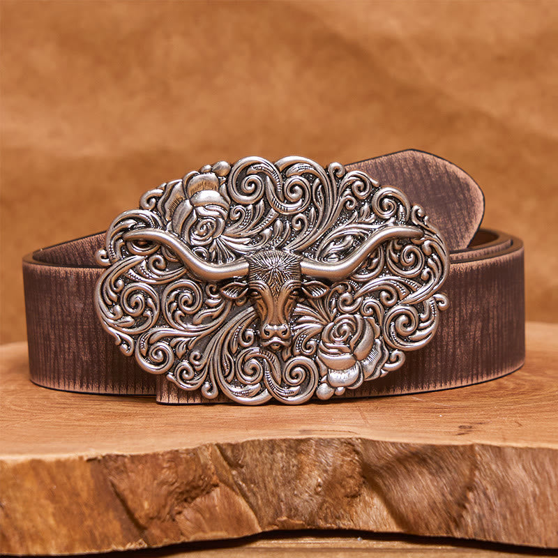 Men's Exquisite Floral Carved Bull Head Buckle Leather Belt - Silver - Brown Distressed Belt - 42 - image 5