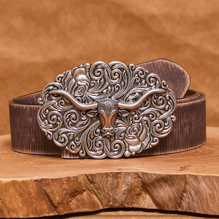 Men's Exquisite Floral Carved Bull Head Buckle Leather Belt - Silver - Brown Distressed Belt - 42 - image 5