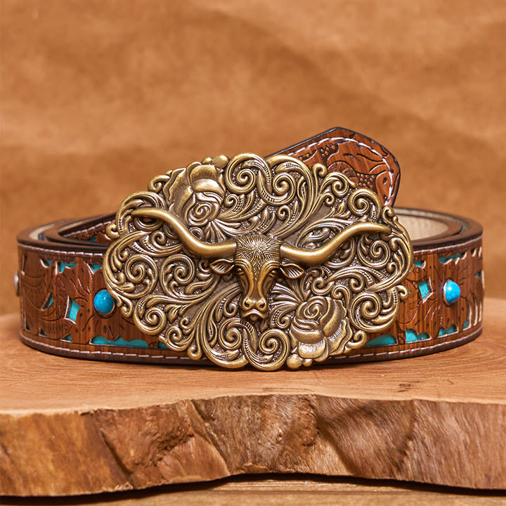 Men's Exquisite Floral Carved Bull Head Buckle Leather Belt - Bronze - Turquoise Carved Belt - 42 - image 11