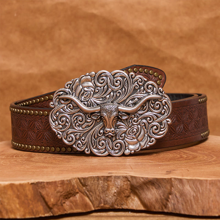 Men's Exquisite Floral Carved Bull Head Buckle Leather Belt - Silver - Brown Rivet Belt - 42 - image 4