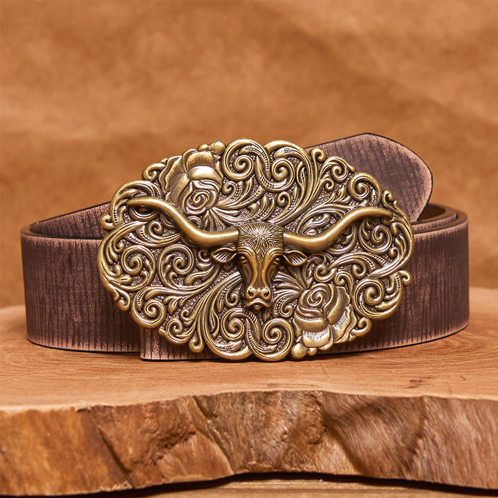 Men's Exquisite Floral Carved Bull Head Buckle Leather Belt - Bronze - Brown Distressed Belt - 42 - image 13