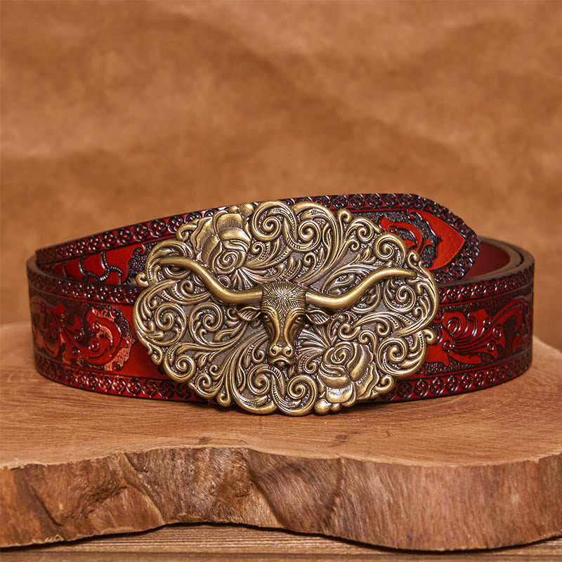 Men's Exquisite Floral Carved Bull Head Buckle Leather Belt - Bronze - Brown Carved Belt - 42 - image 14