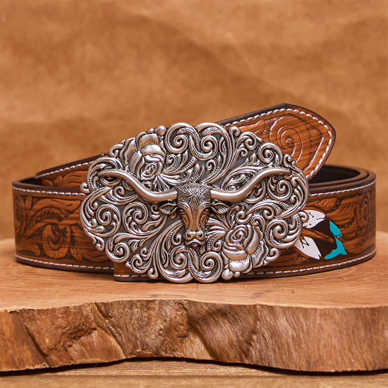 Men's Exquisite Floral Carved Bull Head Buckle Leather Belt - Silver - Brown Feather Belt - 40 - image 7