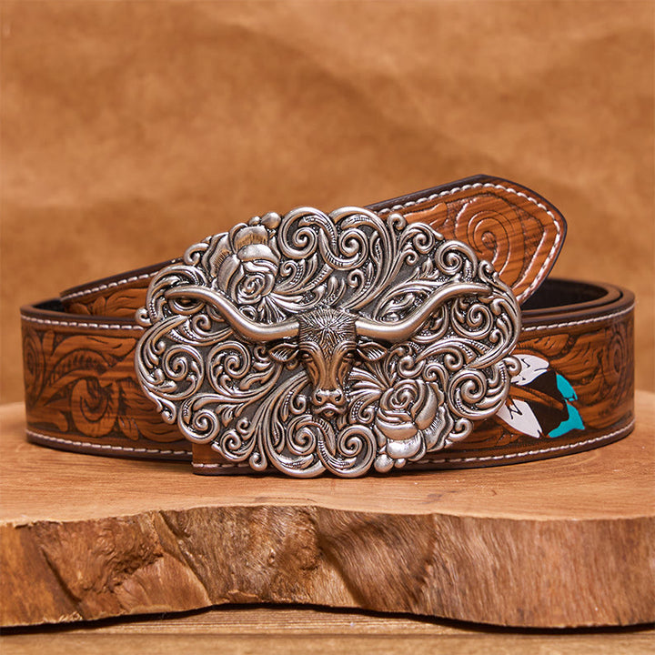 Men's Exquisite Floral Carved Bull Head Buckle Leather Belt - Silver - Brown Feather Belt - 40 - image 7