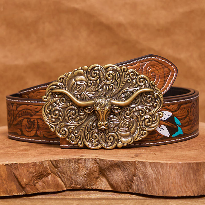 Men's Exquisite Floral Carved Bull Head Buckle Leather Belt - Bronze - Brown Feather Belt - 40 - image 15