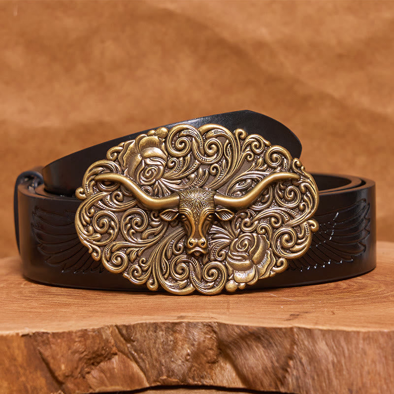 Men's Exquisite Floral Carved Bull Head Buckle Leather Belt - Bronze - Black Embossed Eagle Belt - 42 - image 10