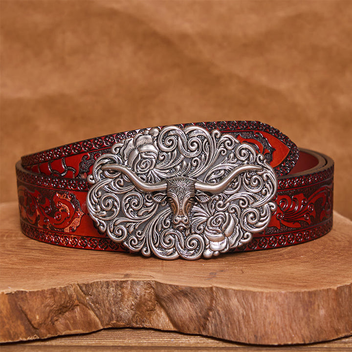 Men's Exquisite Floral Carved Bull Head Buckle Leather Belt - Silver - Brown Carved Belt - 42 - image 6