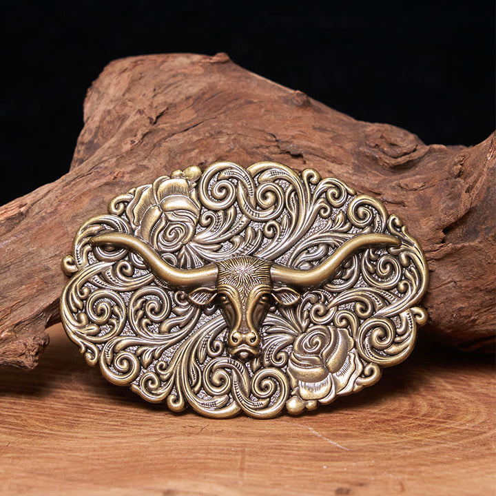 Men's Exquisite Floral Carved Bull Head Buckle Leather Belt - Bronze - Without Belt - Not Included Belt - image 8