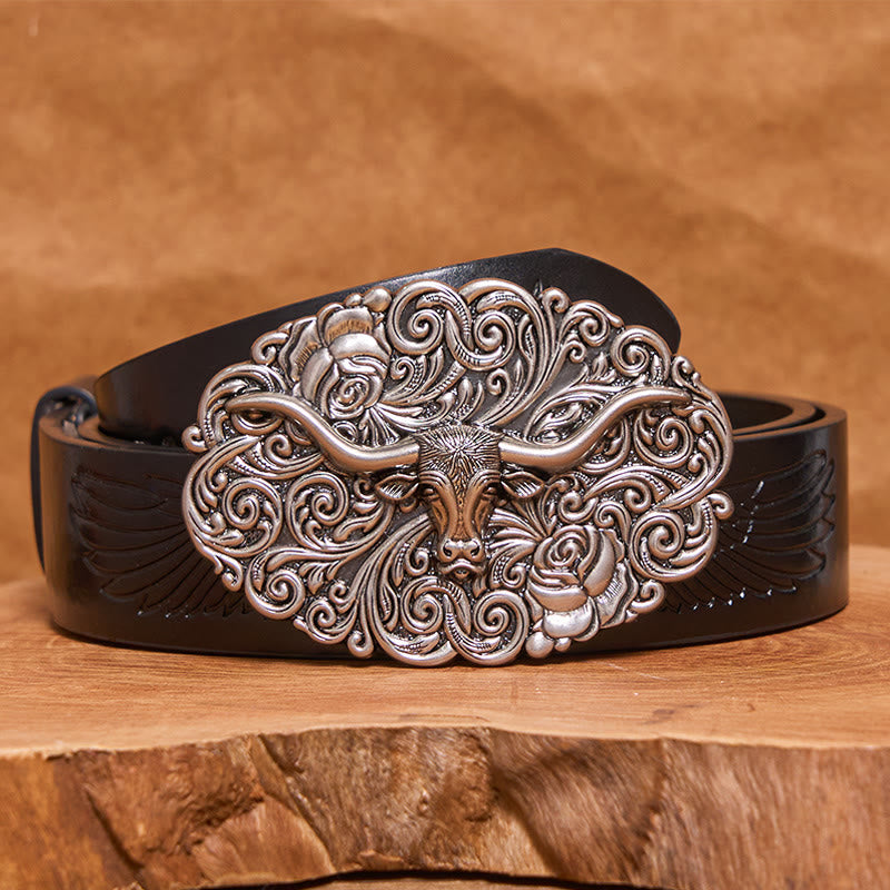 Men's Exquisite Floral Carved Bull Head Buckle Leather Belt - Silver - Black Embossed Eagle Belt - 42 - image 2