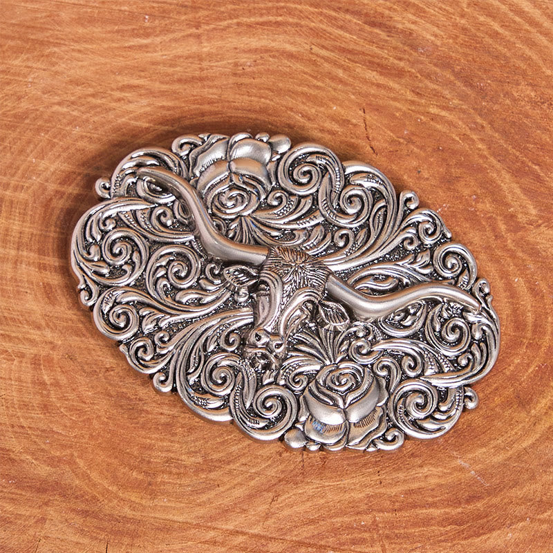 Men's Exquisite Floral Carved Bull Head Buckle Leather Belt - image 1