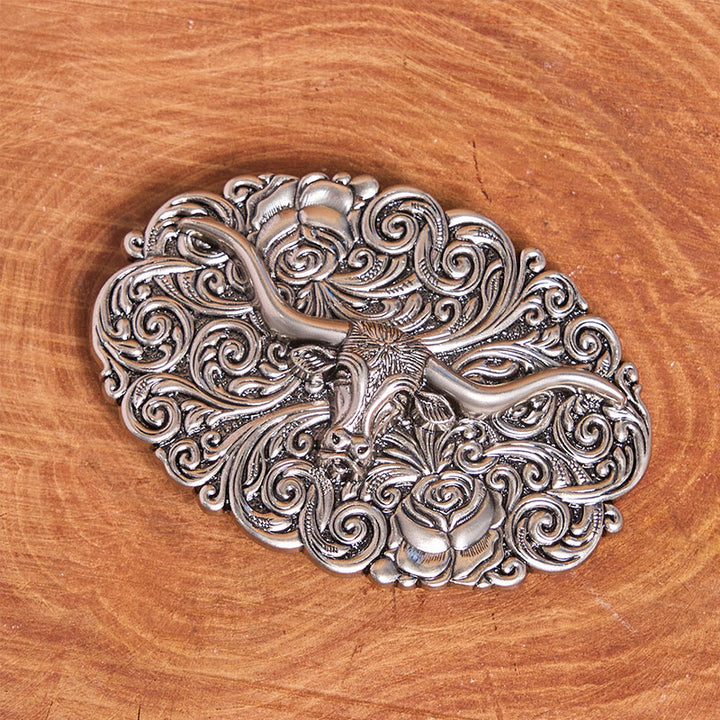 Men's Exquisite Floral Carved Bull Head Buckle Leather Belt - image 1