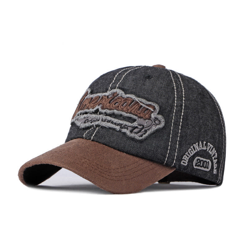 Vintage Distressed Denim & Suede Patchwork Baseball Cap - Black - M (22''-22 7/8") - image 1