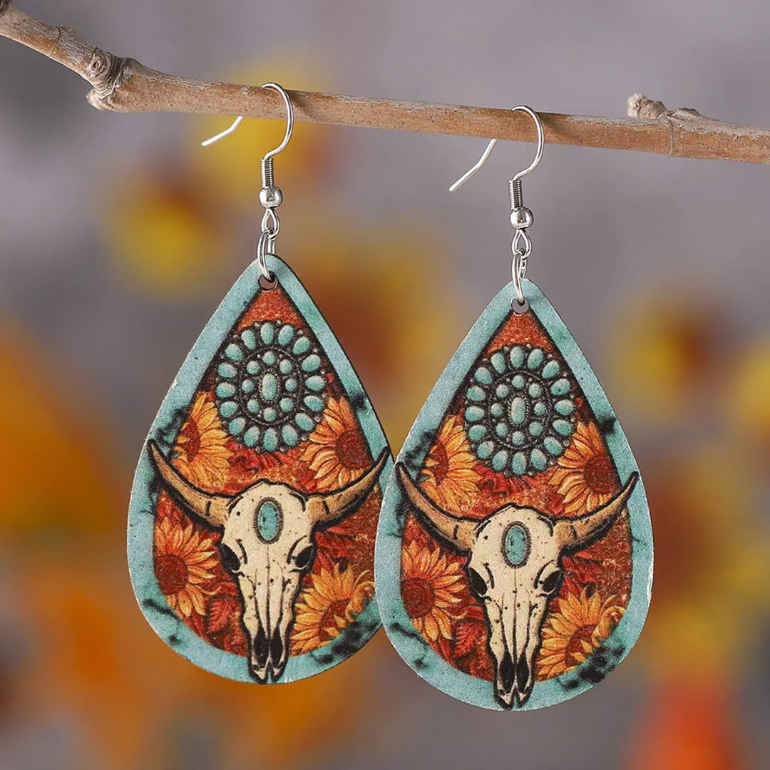 Western Style Bull Head Water Drop Shaped Wooden Earring - Bull Head - image 0