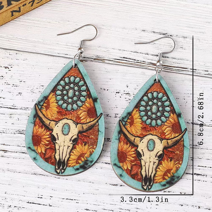 Western Style Bull Head Water Drop Shaped Wooden Earring - image 2